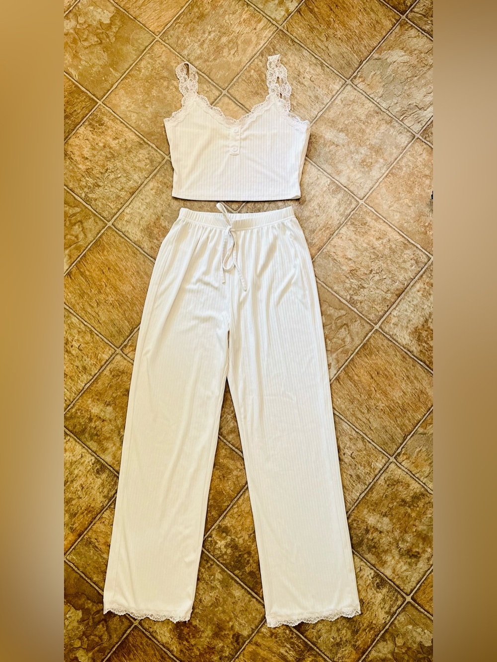 Lace-Trim Ribbed Cami & Lounge Pants Set